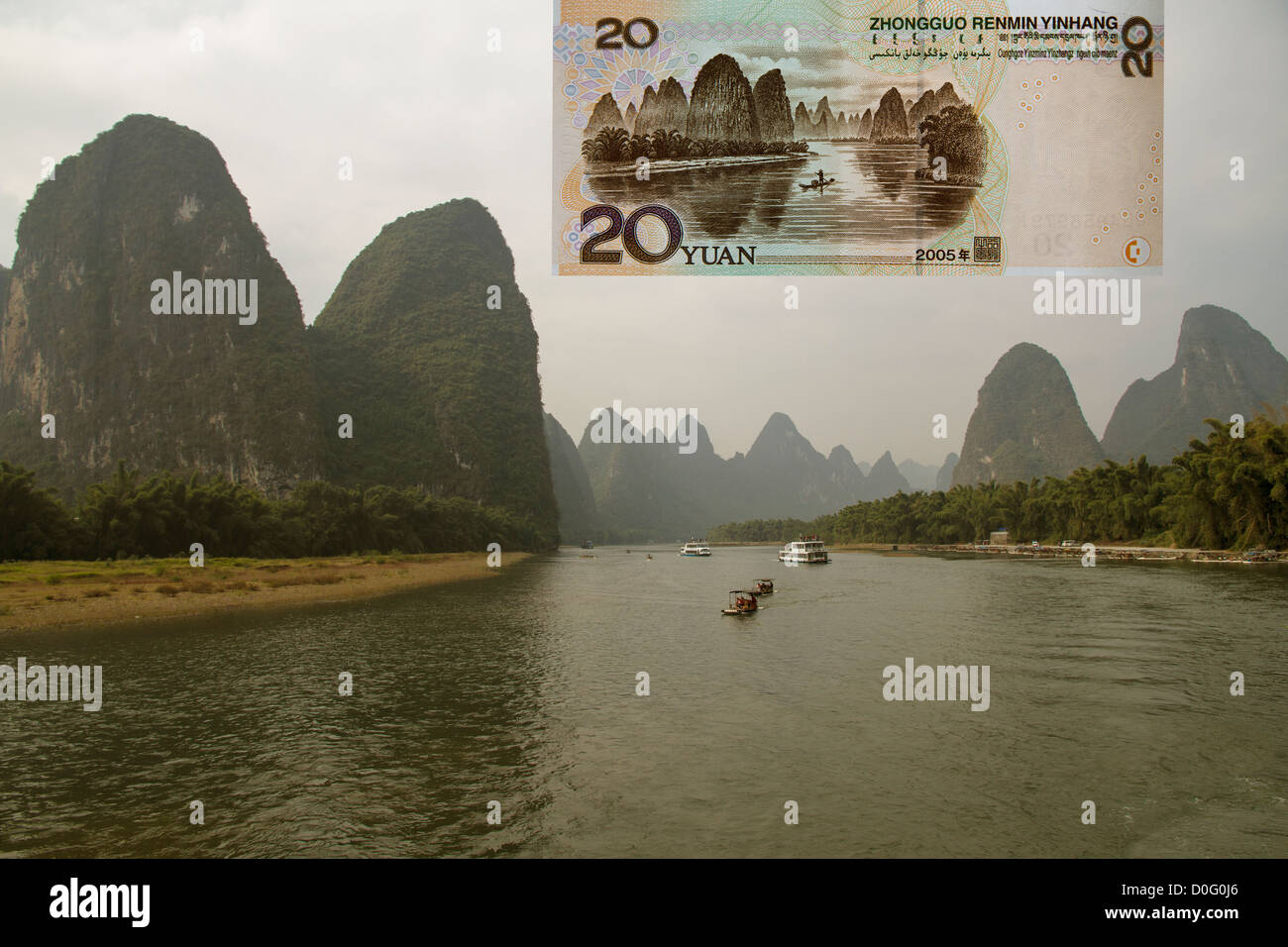 Cina Guangxi Fiume Li dove 20Yuan banconota è stata scattata Foto Stock