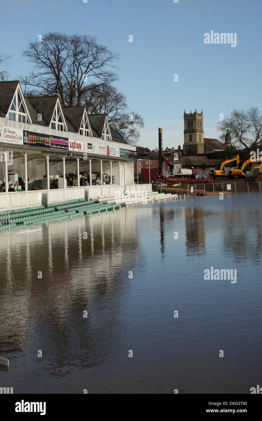 Worcestershire County Cricket Ground in profonda flood, Worcester REGNO UNITO Foto Stock