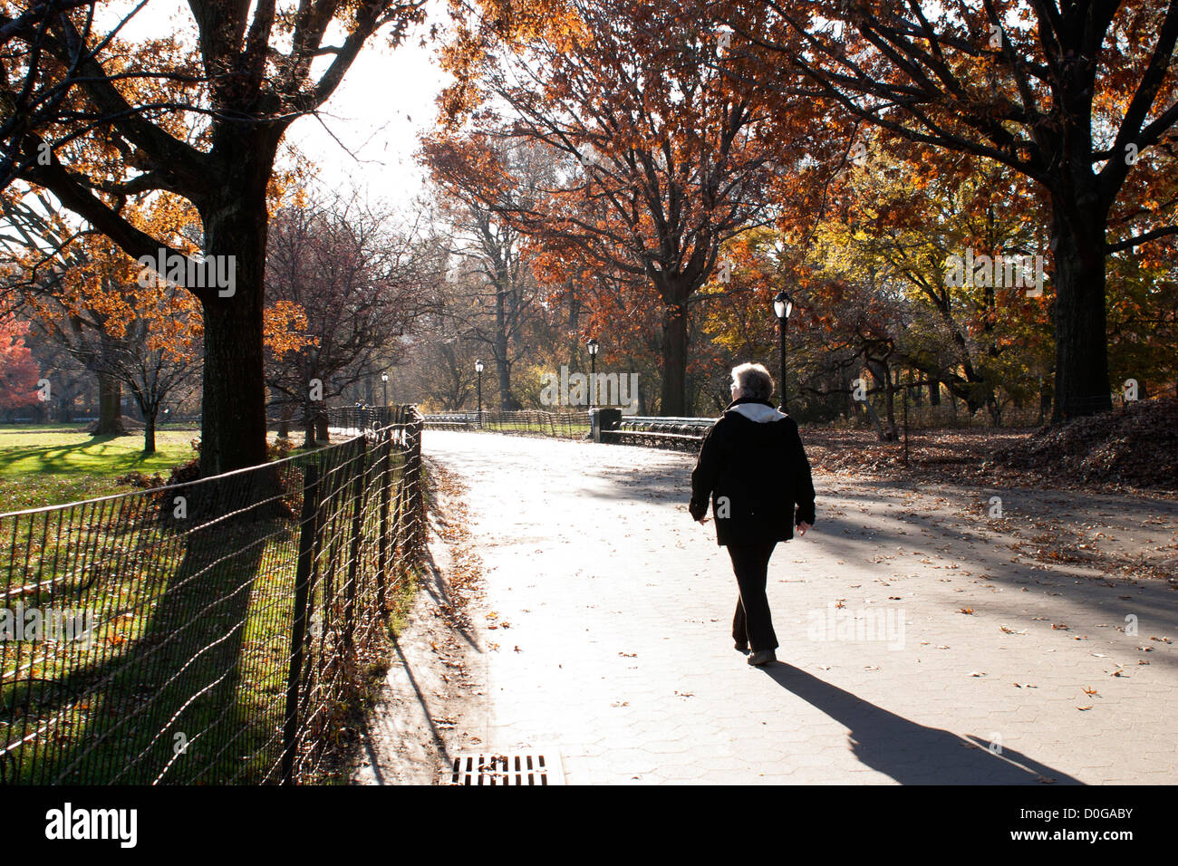 Una donna prende una passeggiata attraverso la città di New York, in zona Central Park in un tardo pomeriggio di caduta. Foto Stock