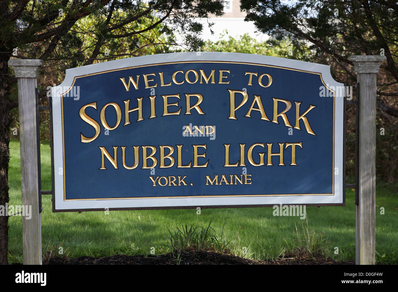 Segno o avviso Benvenuto al Parco Sohier e luce Nubble York, Maine, New England, STATI UNITI D'AMERICA Foto Stock