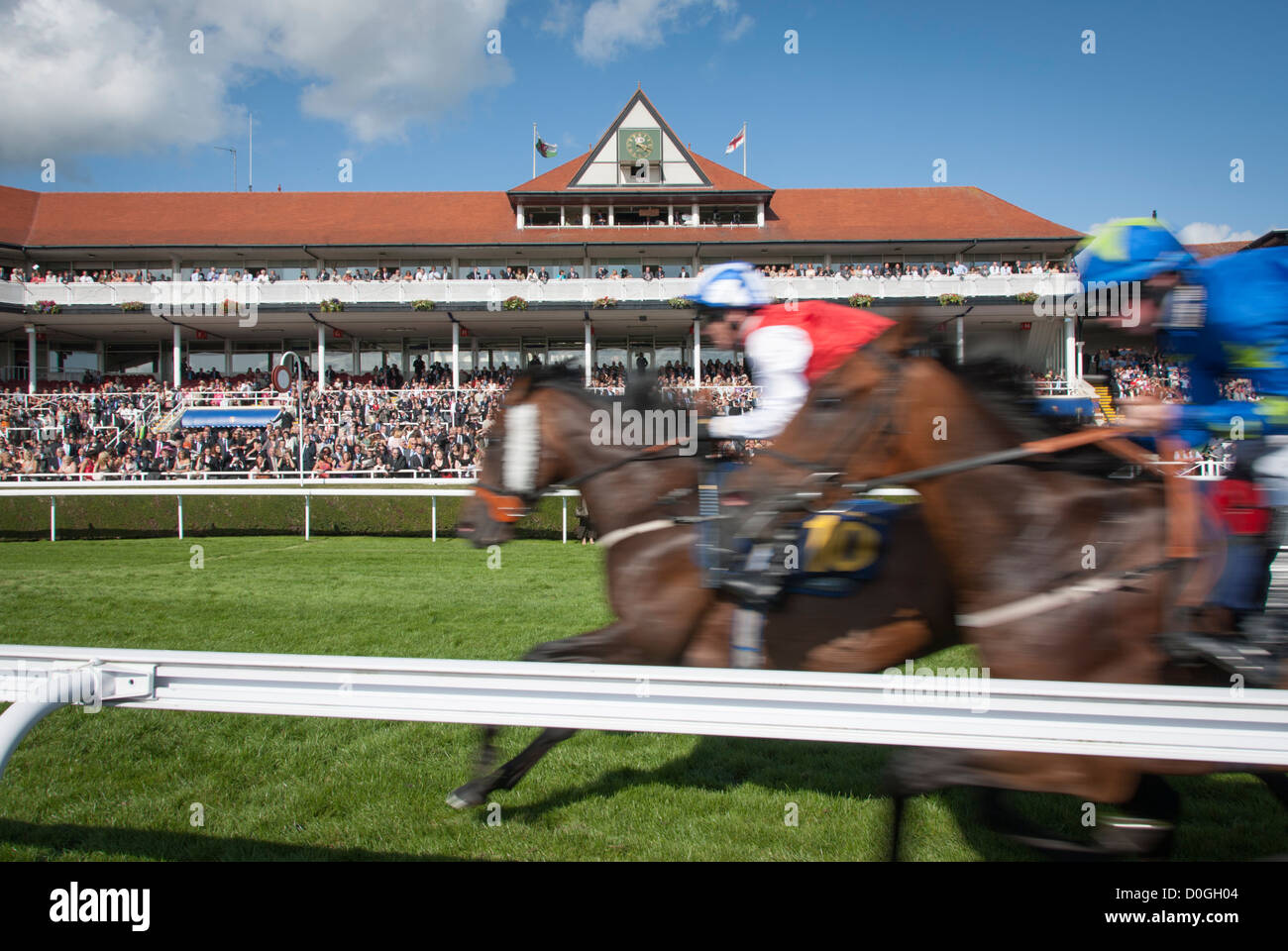 Cavalli che passano velocemente all'ippodromo di Chester, noto come Roodee, il più antico campo per corse ippiche Foto Stock