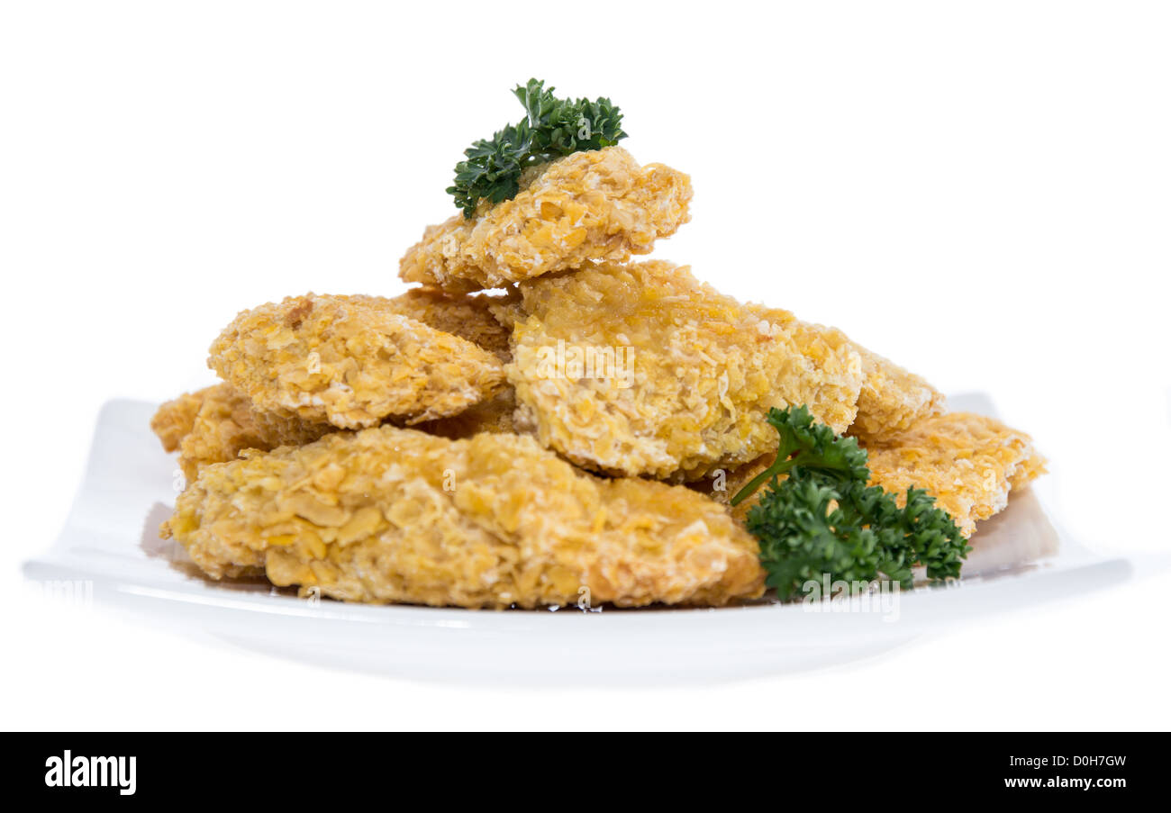 Porzione di pepite di pollo isolati su sfondo bianco Foto Stock