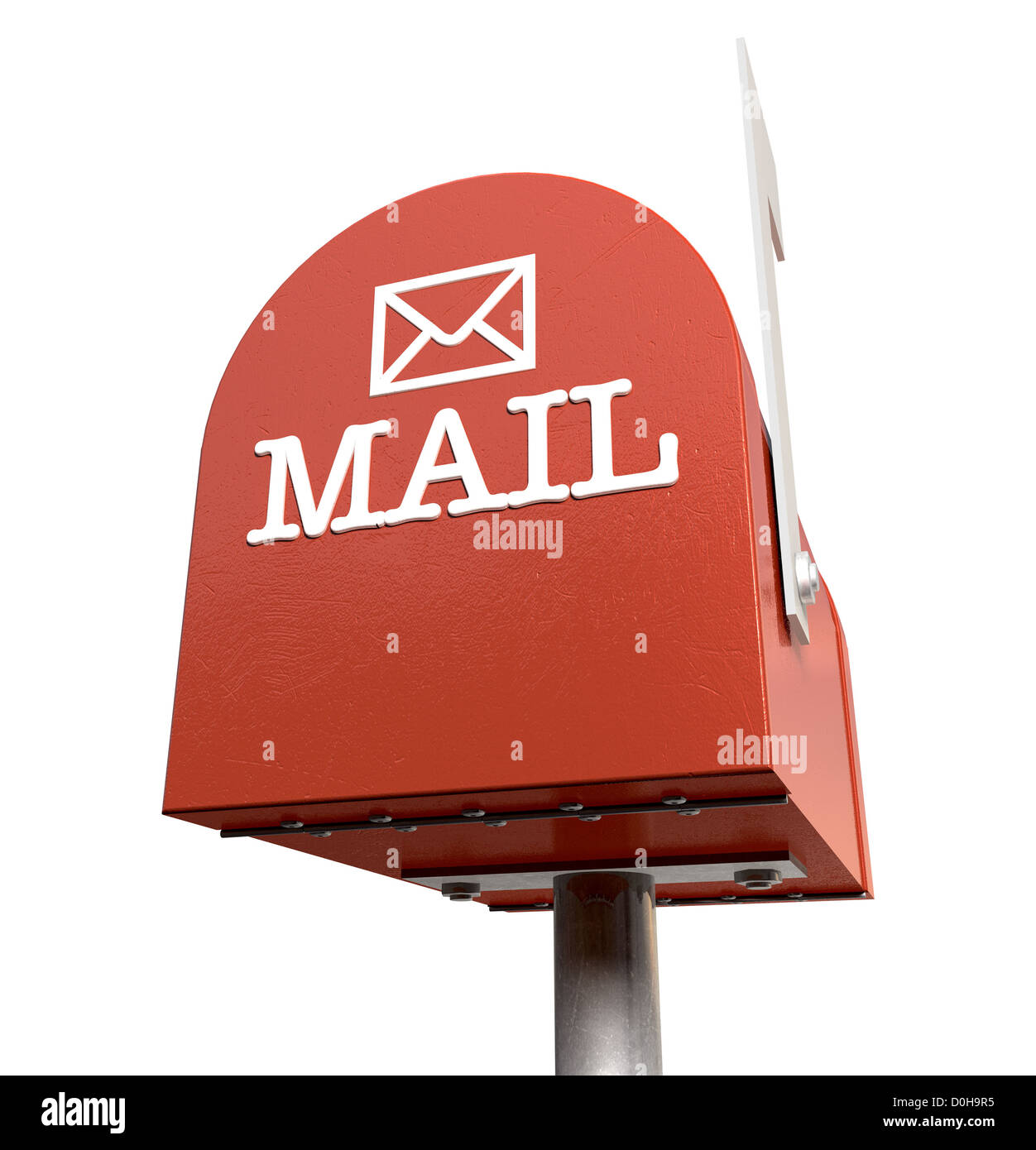 Una vista verso l'alto di un Rosso della vecchia scuola retrò mailbox di stagno con una bandiera bianca rivolta verso l'alto che mostra che la posta è presente e un embos Foto Stock