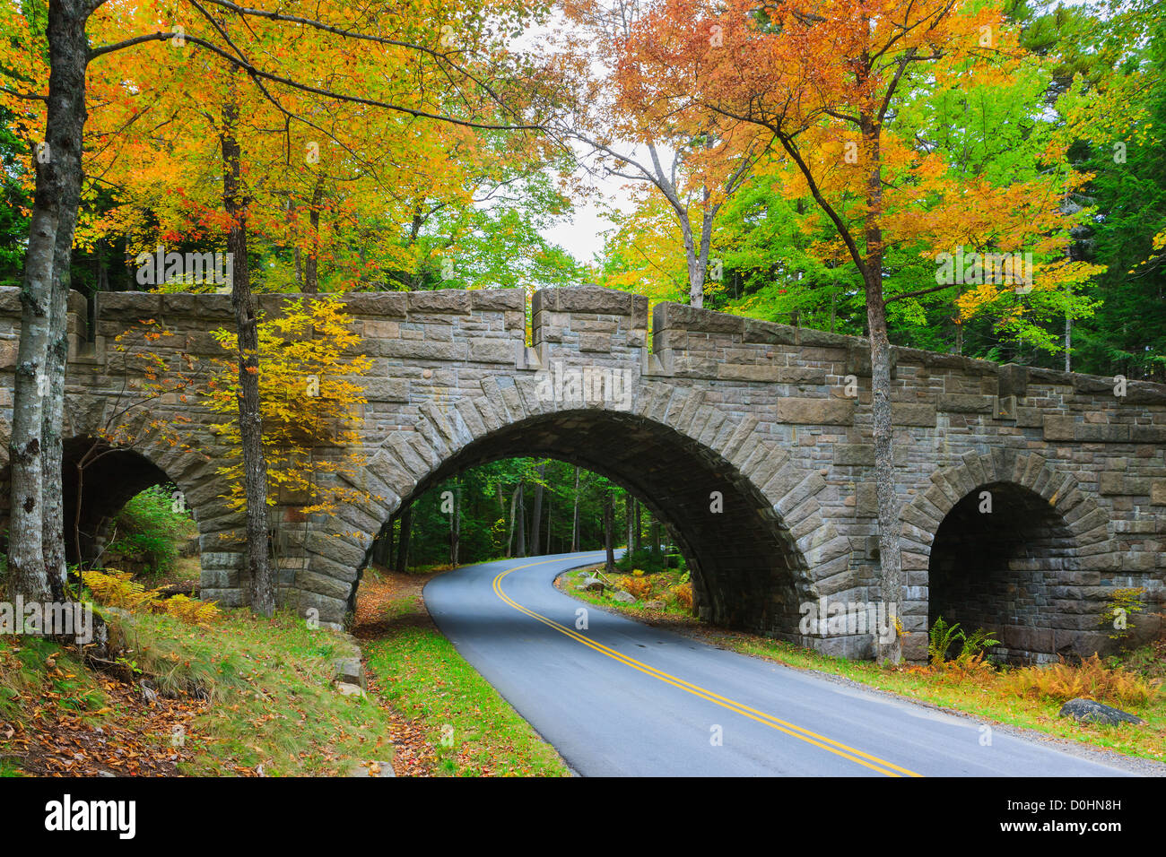 Il triple-arcuata di Stanley Brook ponte in Acadia N.P, Maine, Stati Uniti d'America Foto Stock