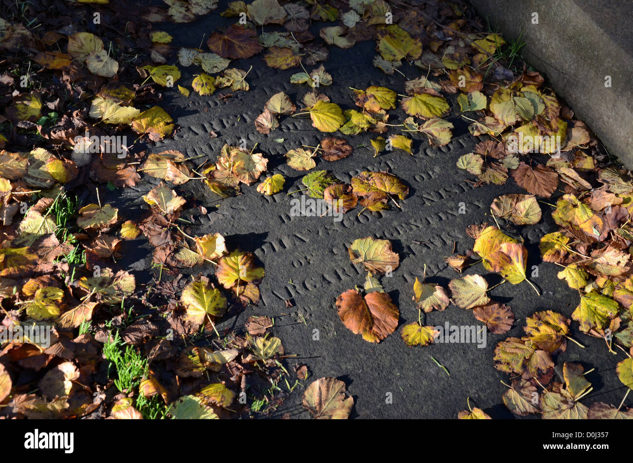 L'autunno parte su una lapide in Greyfriars Kirkyard, Edimburgo, Scozia, Regno Unito. Foto Stock