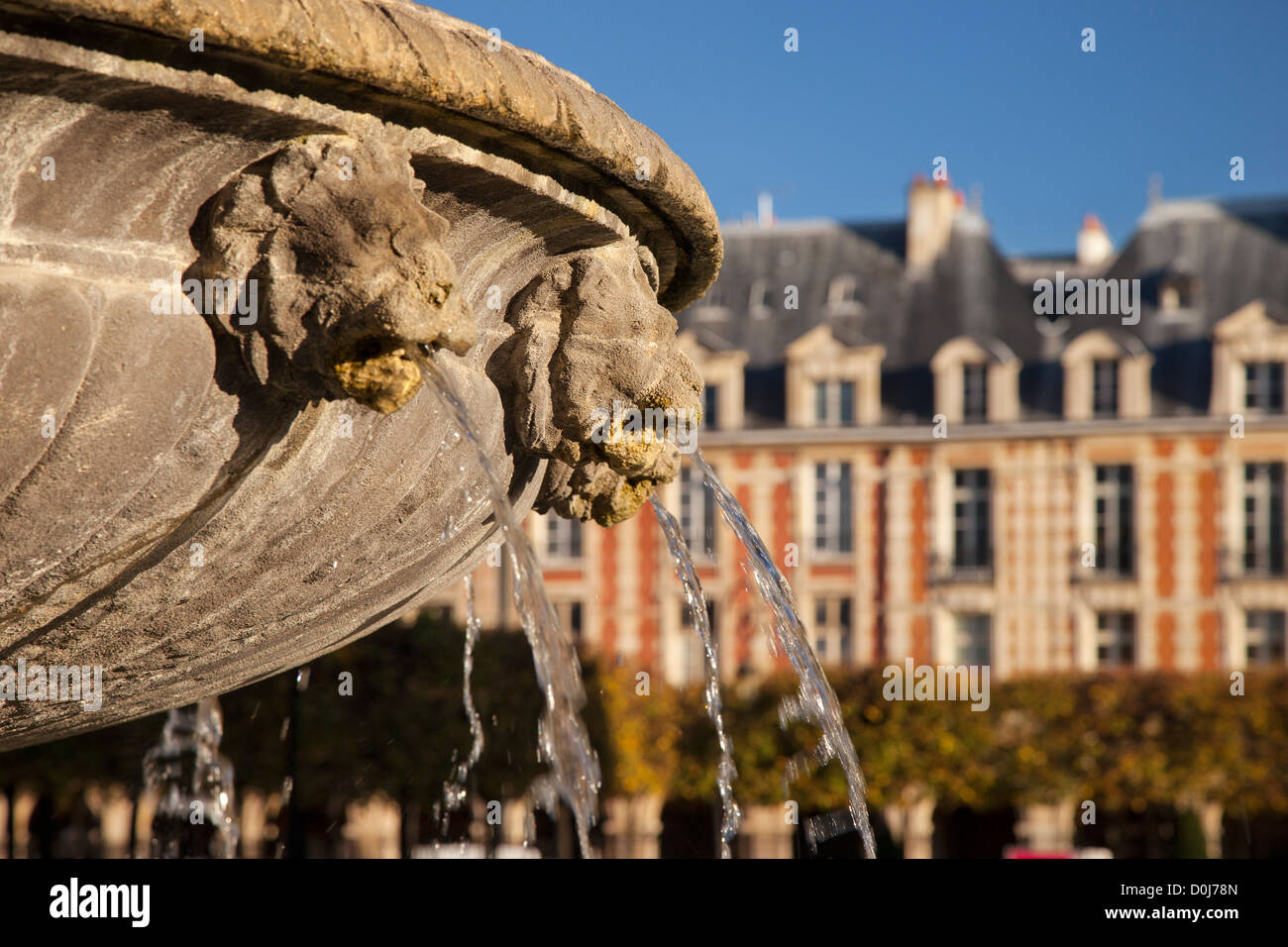 Teste di leone fontana dettagli in Place des Vosges, Les Marais, Parigi Francia Foto Stock