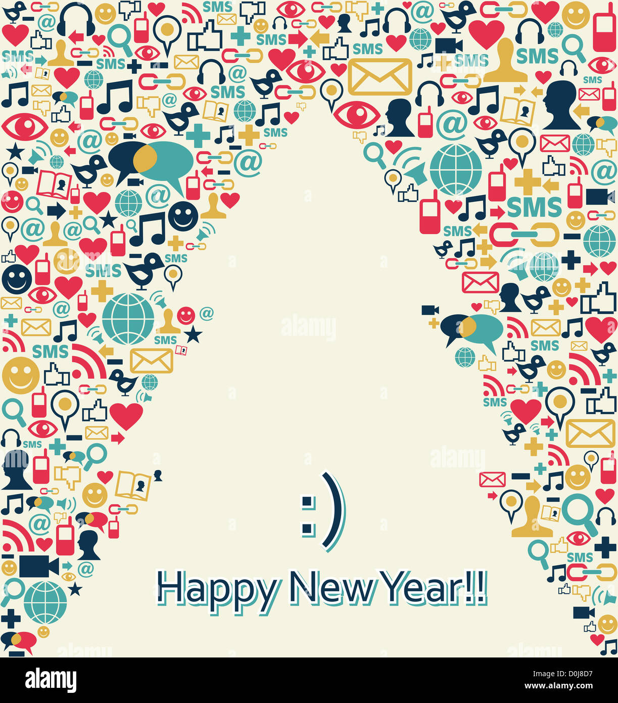 I social media le icone nel Natale di alberi di pino della scheda Messaggi di saluto. Illustrazione Vettoriale stratificata per una facile manipolazione e colorazione personalizzata. Foto Stock