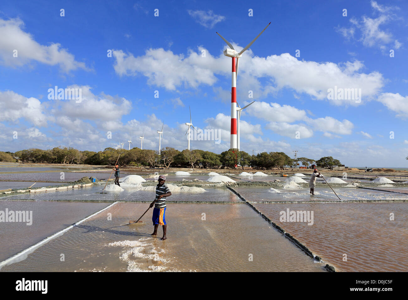 Le turbine eoliche e il sale agriturismo a Puttalam, Sri Lanka. Foto Stock