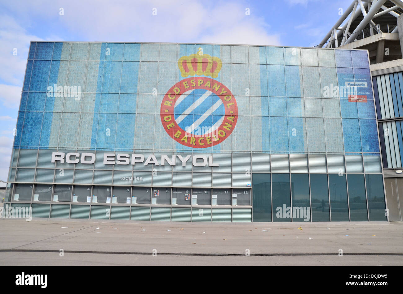 RCD Espanyol football team stadium. Lo spagnolo del team di calcio della prima lega. Foto Stock