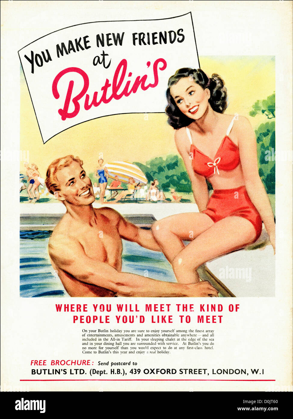Originale degli anni cinquanta vintage annuncio stampa dalla rivista inglese pubblicità Butlin le vacanze circa 1953 Foto Stock