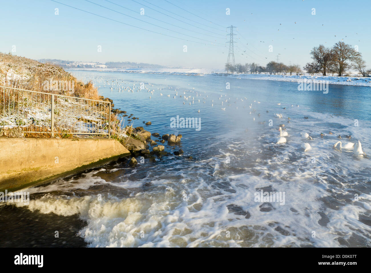La rete fognaria trattata da un trattamento di acque in uscita dal canale Severn Trent acqua sul fiume Trent in inverno, Nottinghamshire, England, Regno Unito Foto Stock