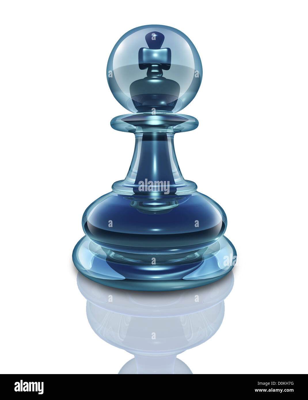 Potenza all'interno e il potenziale di trasformare in un grande leader guardando dentro come un vetro trasparente pedina di scacchi con un king Foto Stock