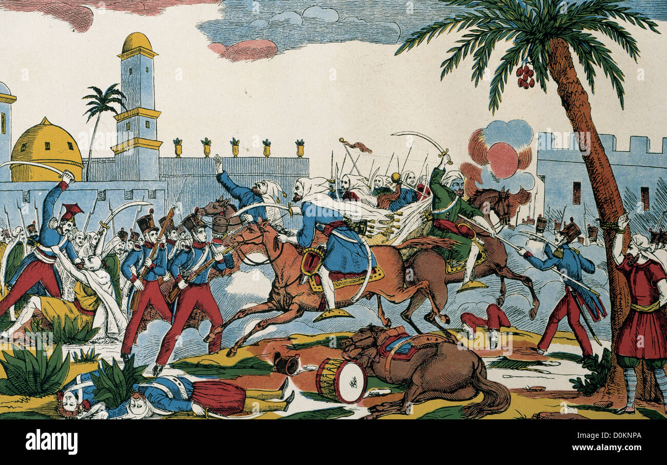 French-Algerian guerra (1832-1847). Cattura di Mascara la città dalle truppe francesi. Dicembre 5, 1835. Incisione popolare. Foto Stock