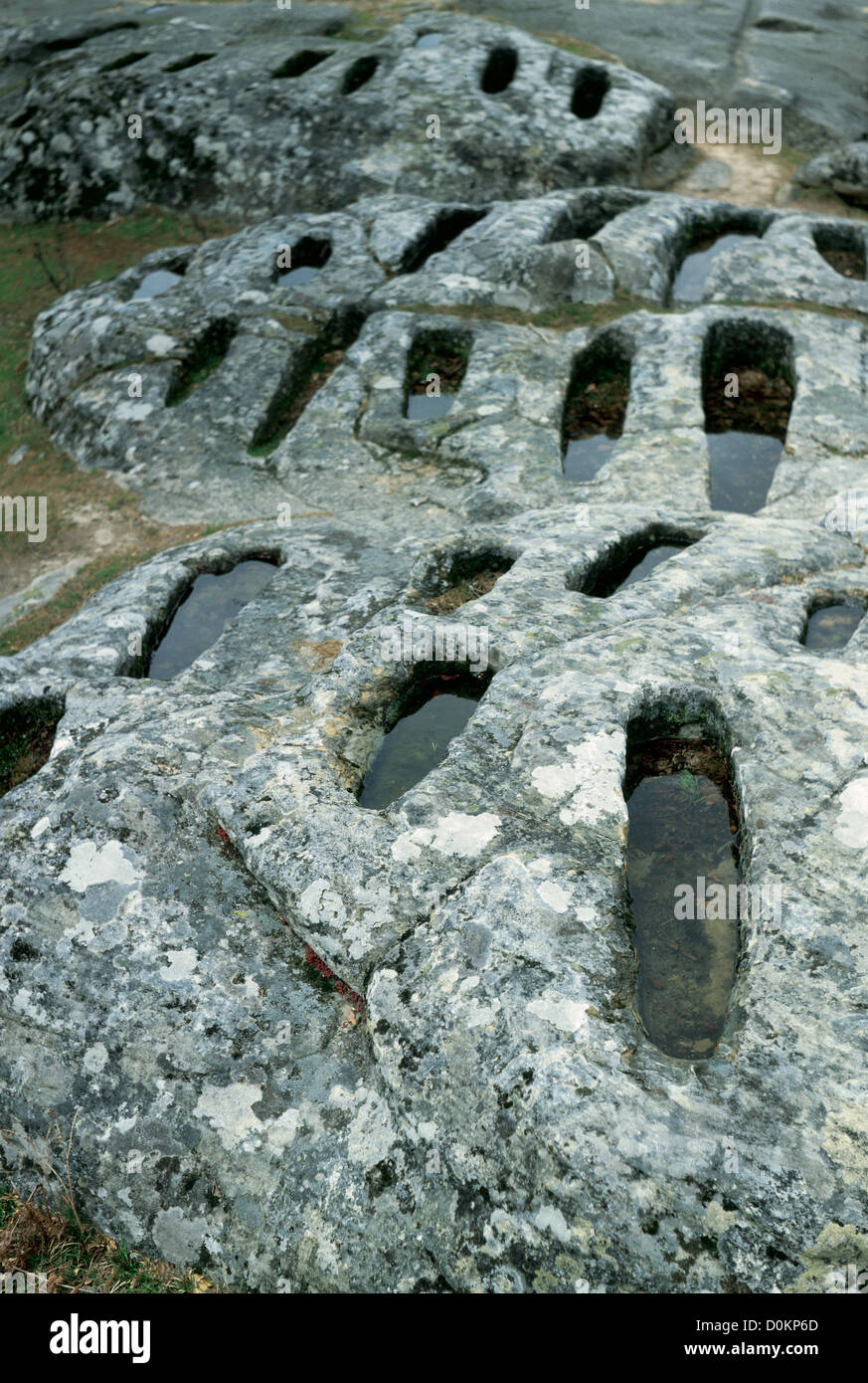 Antropomorfico tombe scavate nella roccia. Inizio periodo medievale. Necropoli di Revenga. Quintanar de la Sierra. Spagna. Foto Stock