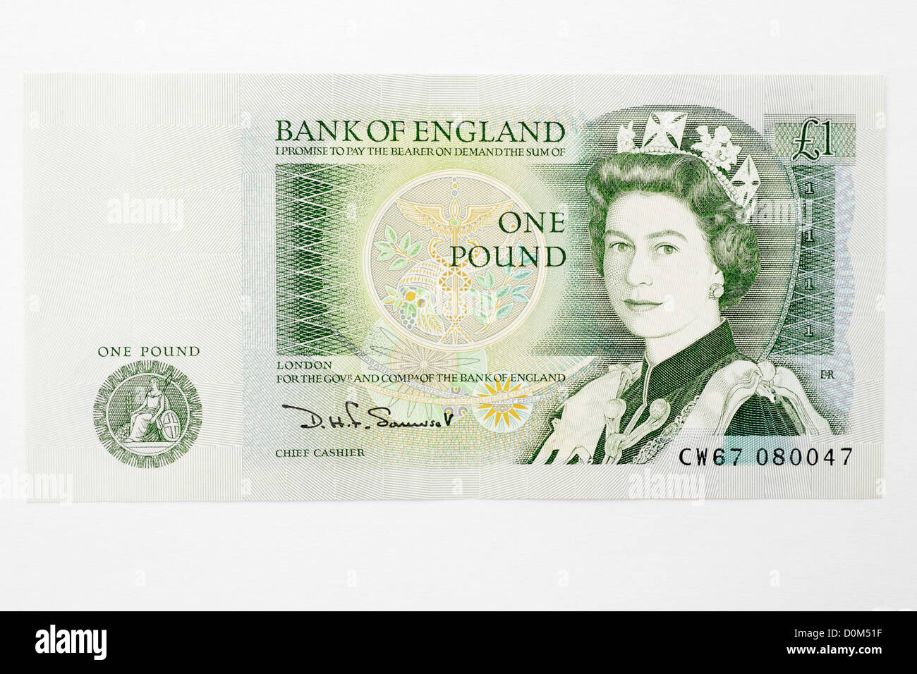 Banca Verde di Inghilterra 1 una libbra di notare la sterlina inglese britannico UK con il ritratto della regina d'Inghilterra Ellizabeth II seconda Foto Stock