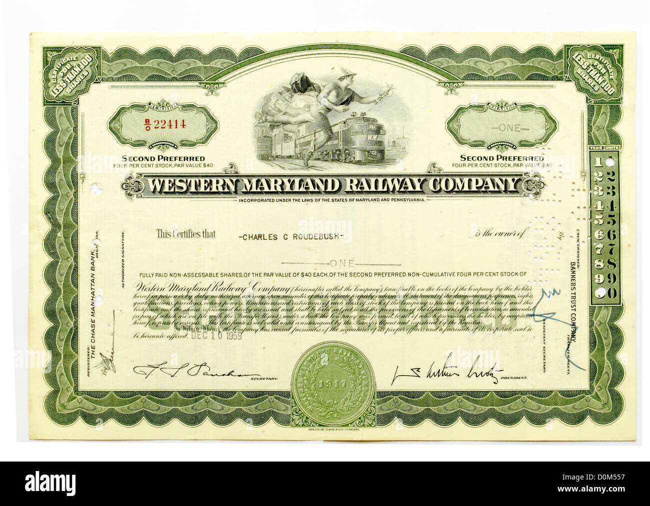 Certificato azionario della Western Maryland Railway Company AZIENDA Foto Stock