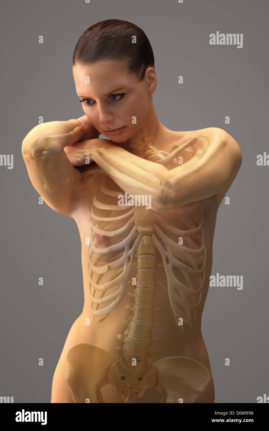 In piedi poste femmina con le ossa dello scheletro visibile. Foto Stock