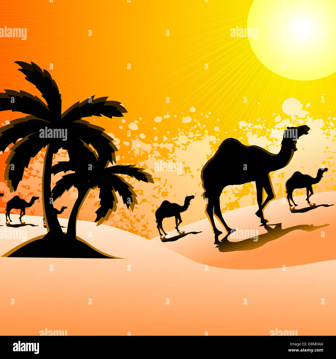 Silhouette di cammelli a piedi in un paesaggio desertico, Rajasthan, India Foto Stock