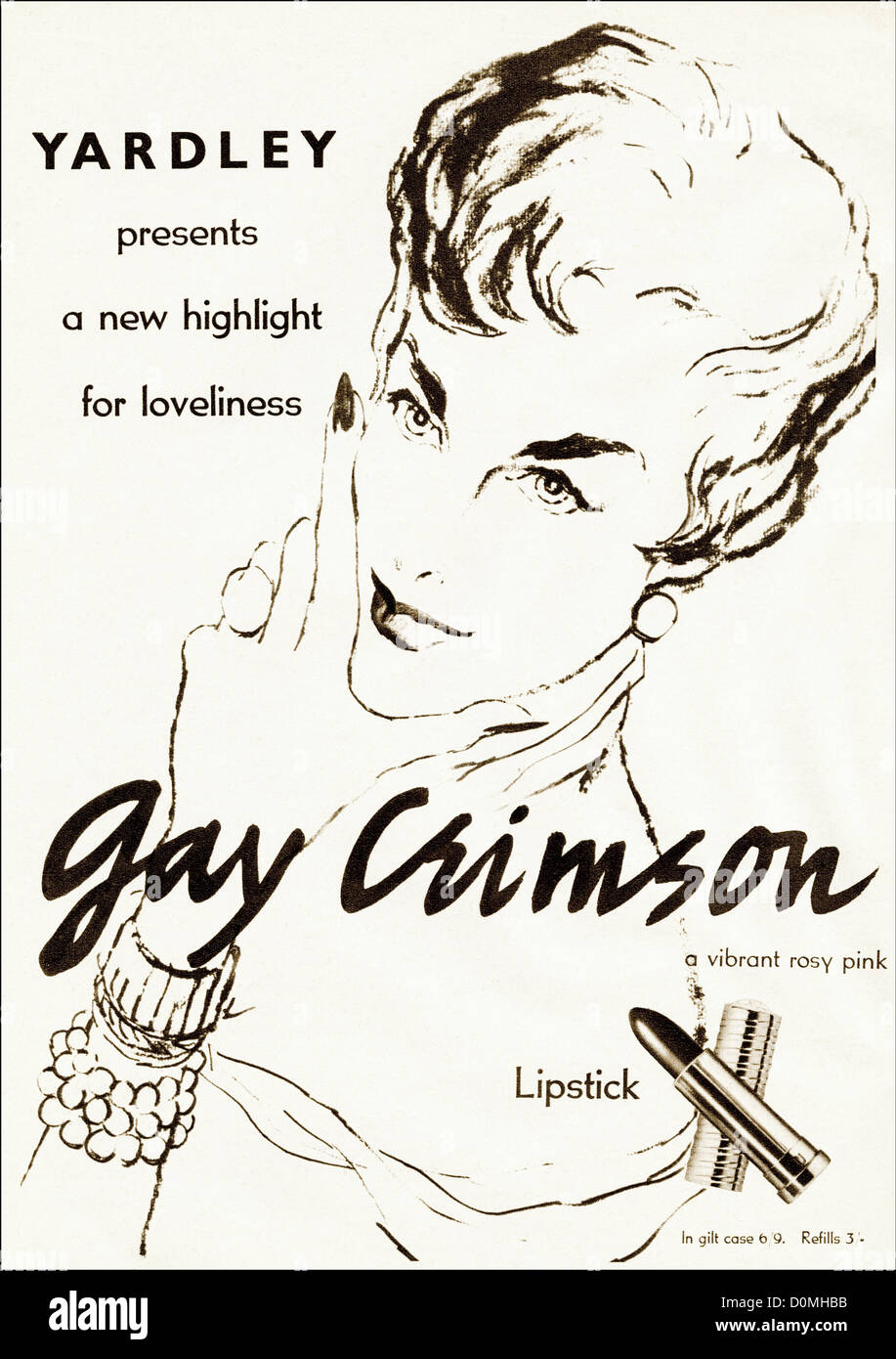 Originale degli anni cinquanta vintage annuncio stampa dalla rivista inglese pubblicità Yardley Gay Crimson rossetto circa 1955 Foto Stock