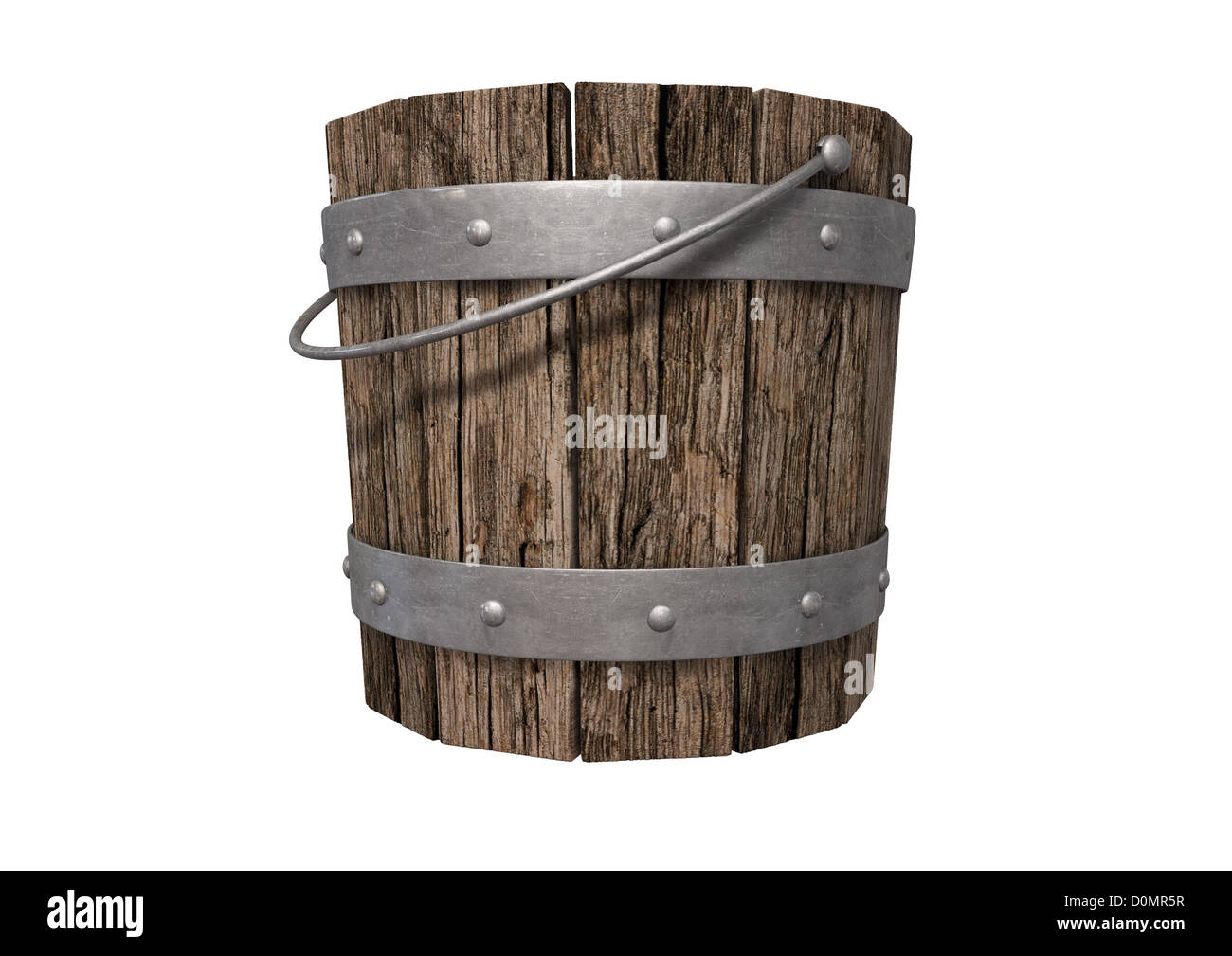 Vintage un secchio di legno con anello metallico supporti e di una maniglia su un sfondo isolato Foto Stock