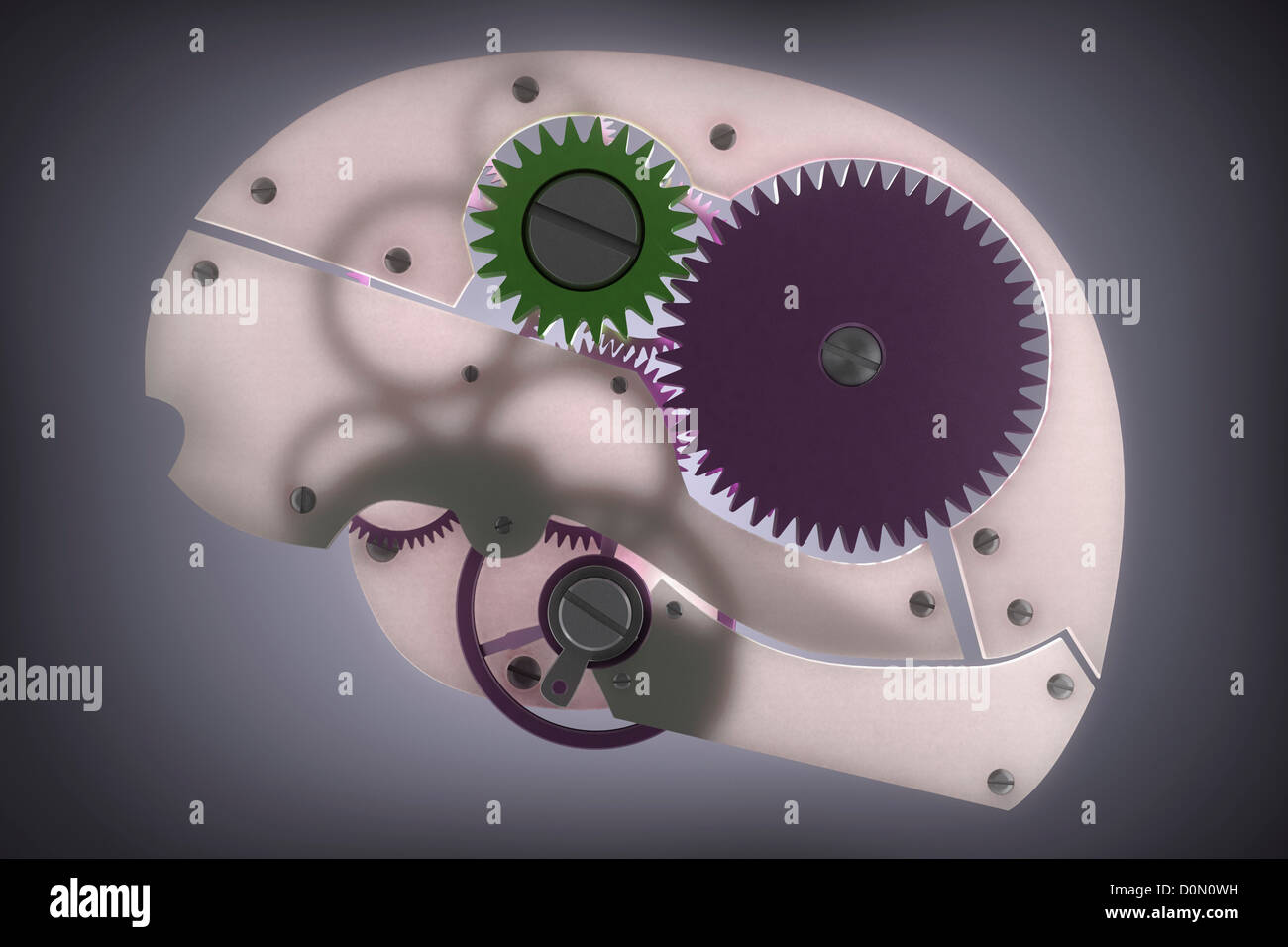 Rappresentazione della mente umana come sistema di ingranaggi che rappresenta le idee circa il processo di pensiero umano il funzionamento del processo mentale Foto Stock