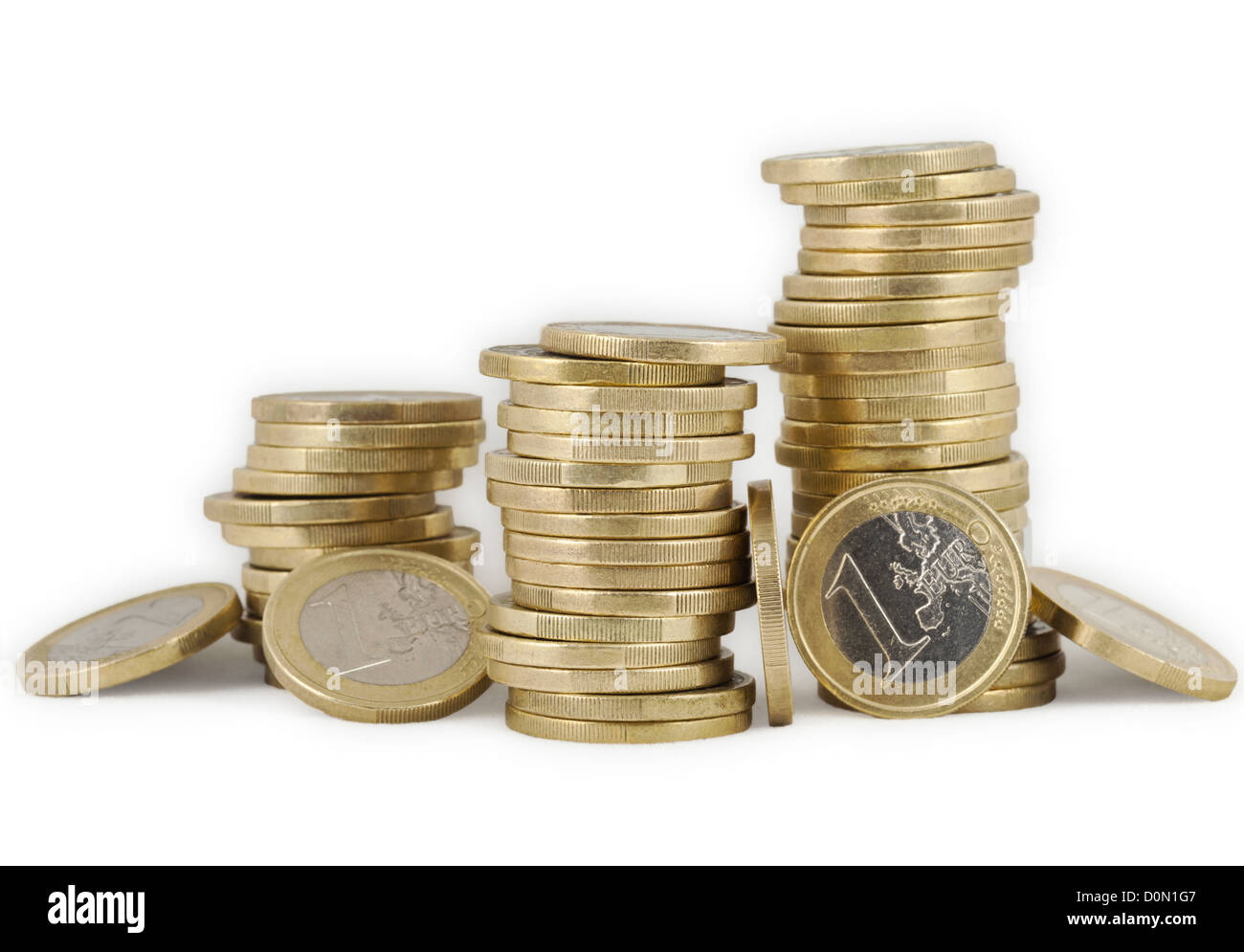 Traballante, pile di monete metalliche in euro Foto Stock