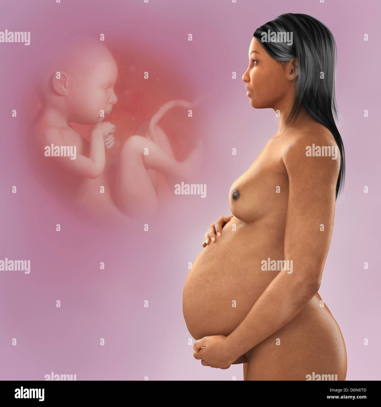 La gravidanza di una figura femminile di etnia africana sullo sfondo di un feto in sviluppo nel grembo. Foto Stock