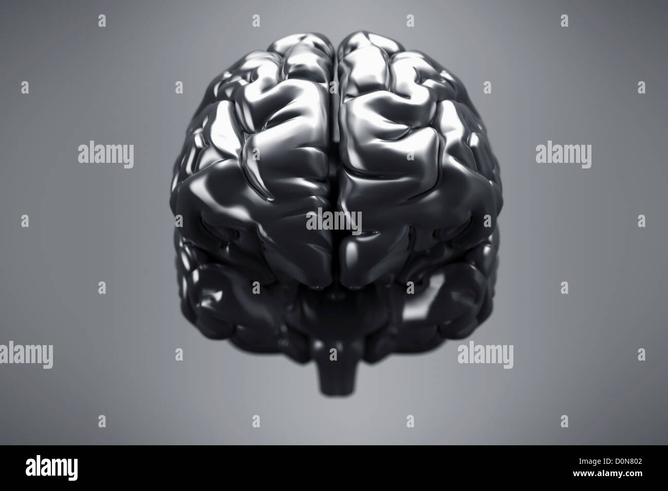 Una vista frontale di un cervello metallico con gli emisferi cerebrali, cervelletto e tronco cerebrale visibile. Foto Stock