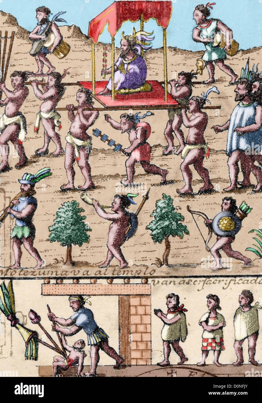 Moctezuma II va al tempio circondato da fanciulle vergini che stanno per essere sacrificata agli dèi. Incisione colorata. Foto Stock