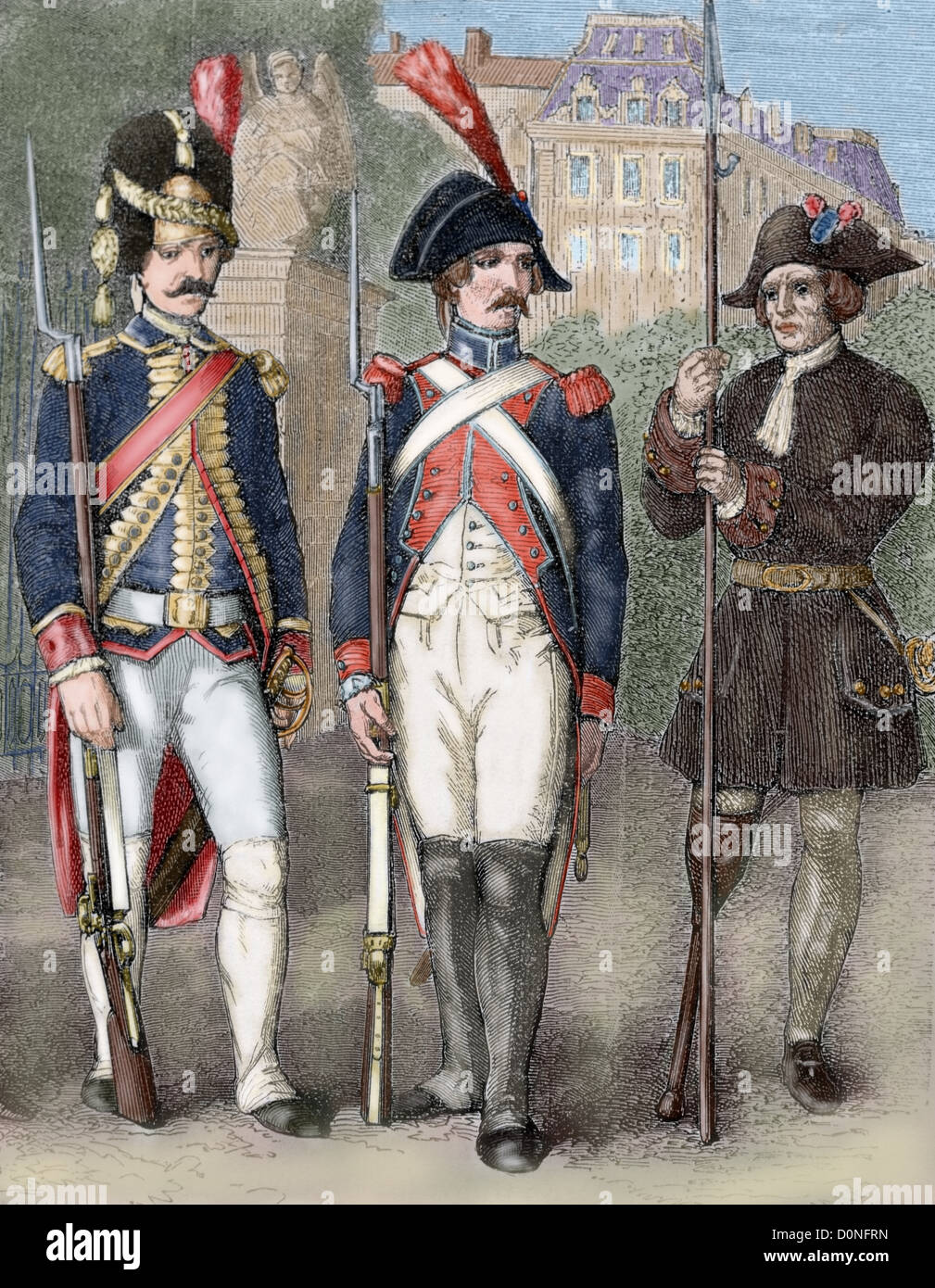 La Francia. Guardia della Convenzione Nazionale (centro), francese Grenadier Guard (sinistra) e paralizzati (a destra). Incisione colorata. Foto Stock