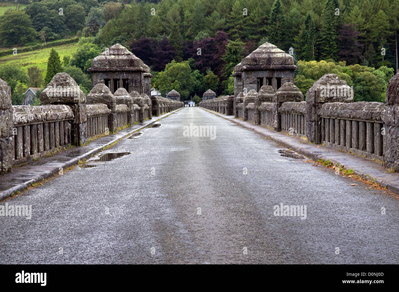 Vista simmetrico della strada tra Lake Vyrnwy Dam, Powys, mid Wales, Regno Unito Foto Stock