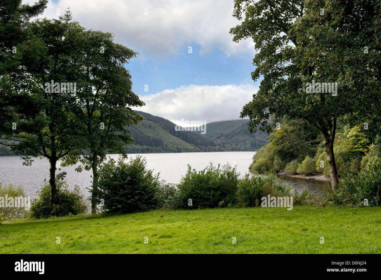 Vista panoramica di Lake Vyrnwy, Powys, Mid Wales, Regno Unito Foto Stock