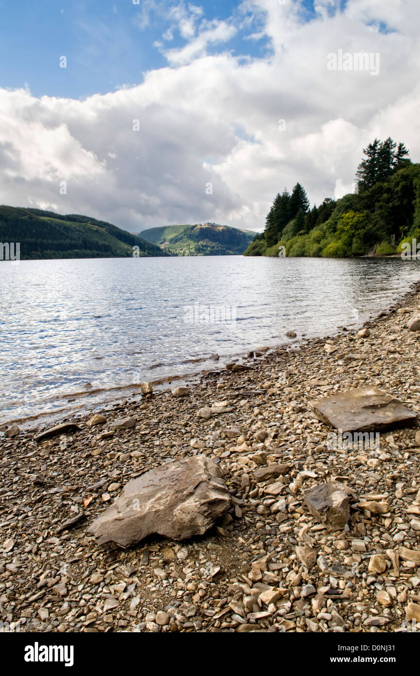 Vista panoramica di Lake Vyrnwy, Powys, Mid Wales, Regno Unito Foto Stock