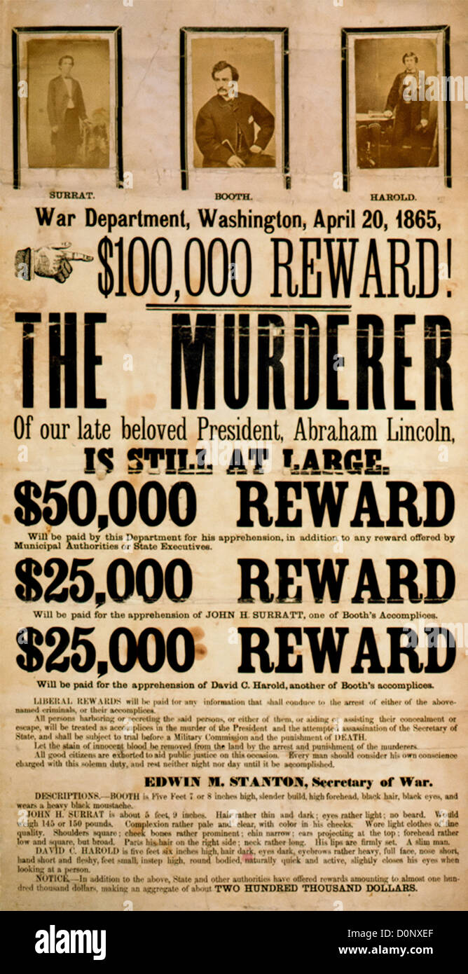 Manifesto Wanted per Giovanni documento Wilkes Booth e Co-Conspirators Foto Stock