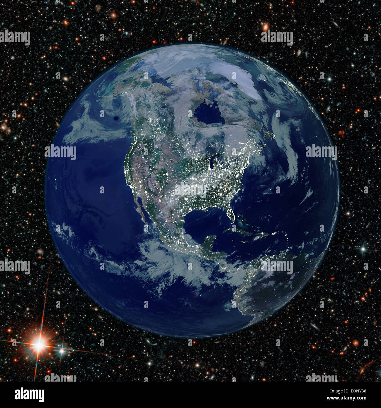 Immagine composita del nord del continente americano con le luci della città visto da dello spettroradiometro MODIS Foto Stock