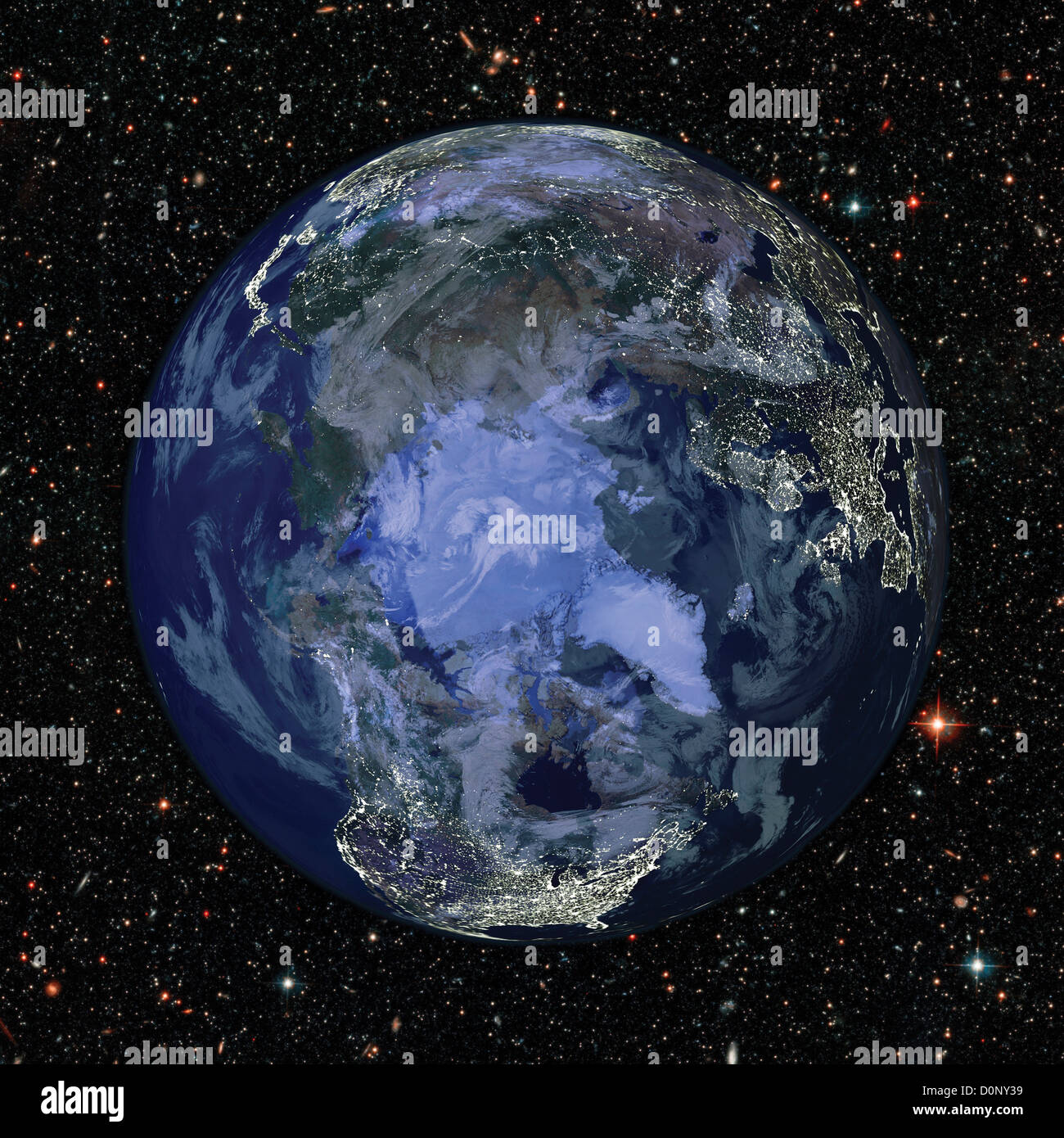 Immagine composita del Polo Nord e la circostante continenti' Luci della città visto da dello spettroradiometro MODIS Foto Stock