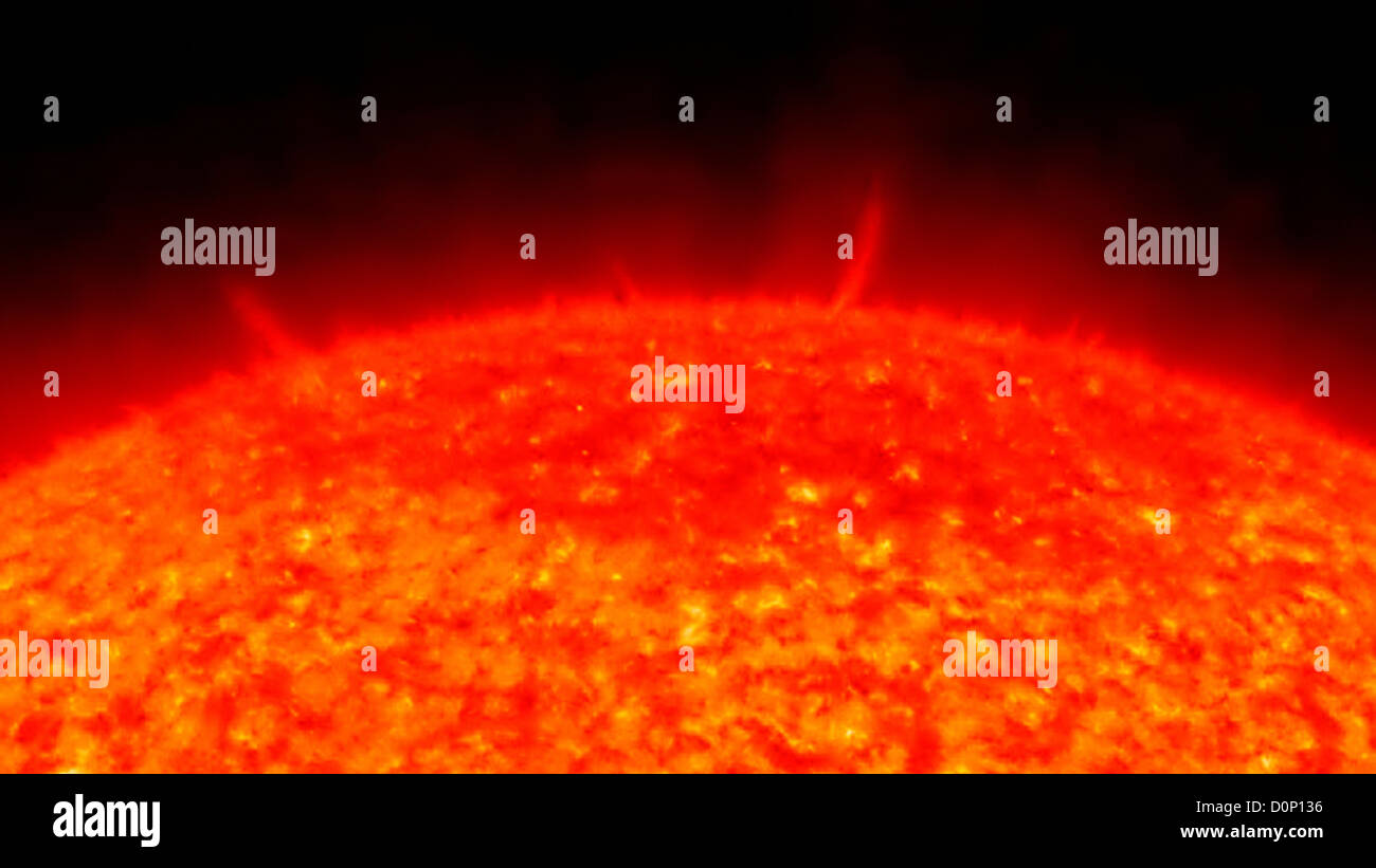 Una vista ravvicinata top Sun come visto di profilo mostra migliaia piccoli schizzi come piccoli delle torce tiro fuori tutto Sun. Foto Stock
