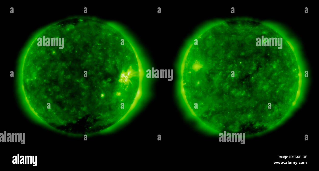 Due immagini scattate esattamente a undici anni di distanza (Dicembre 27 - 1996 2007 sinistra destra) entrambi presi Solar heliospheric observatory Foto Stock