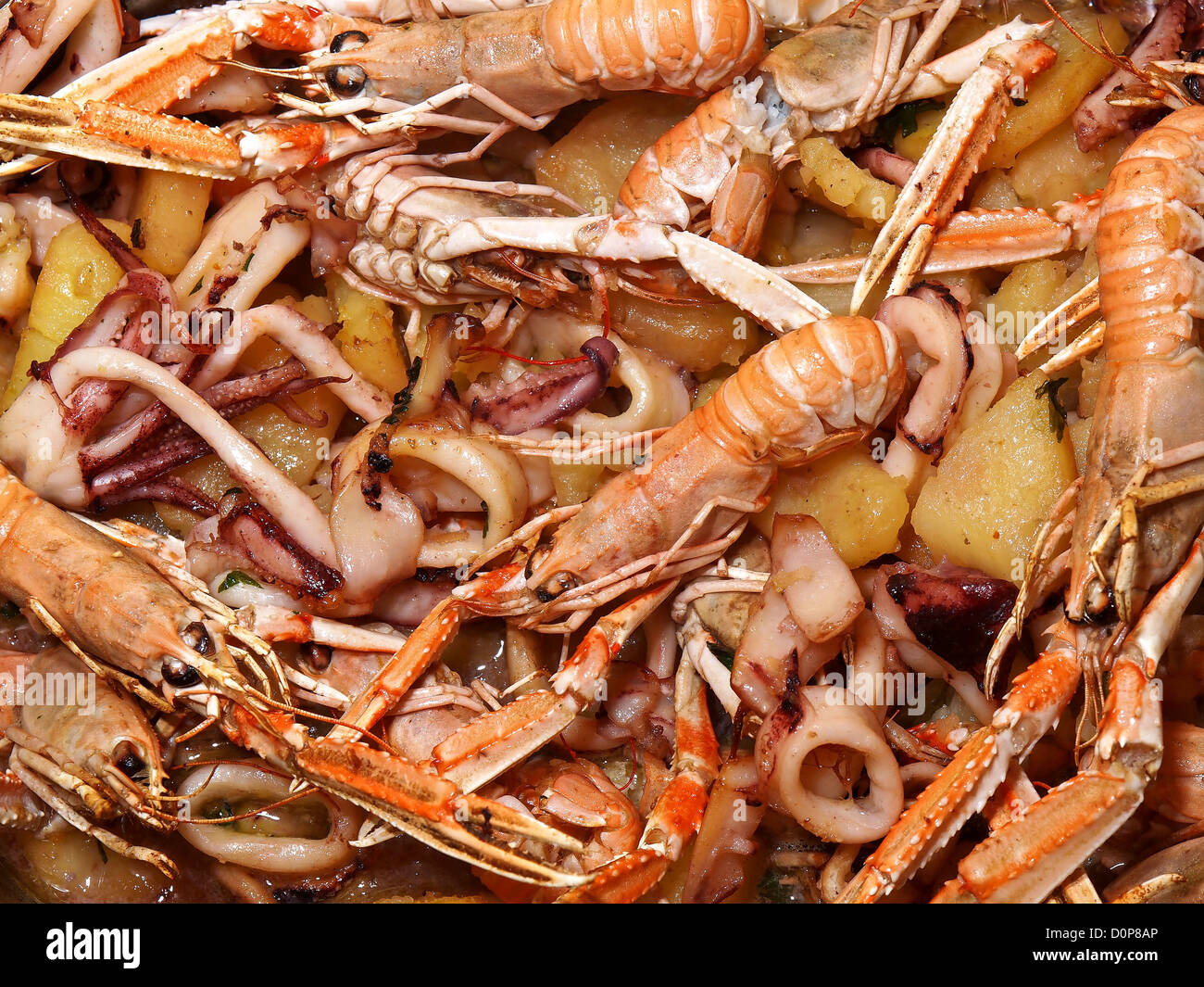 Scampi con patate e calamari Foto Stock