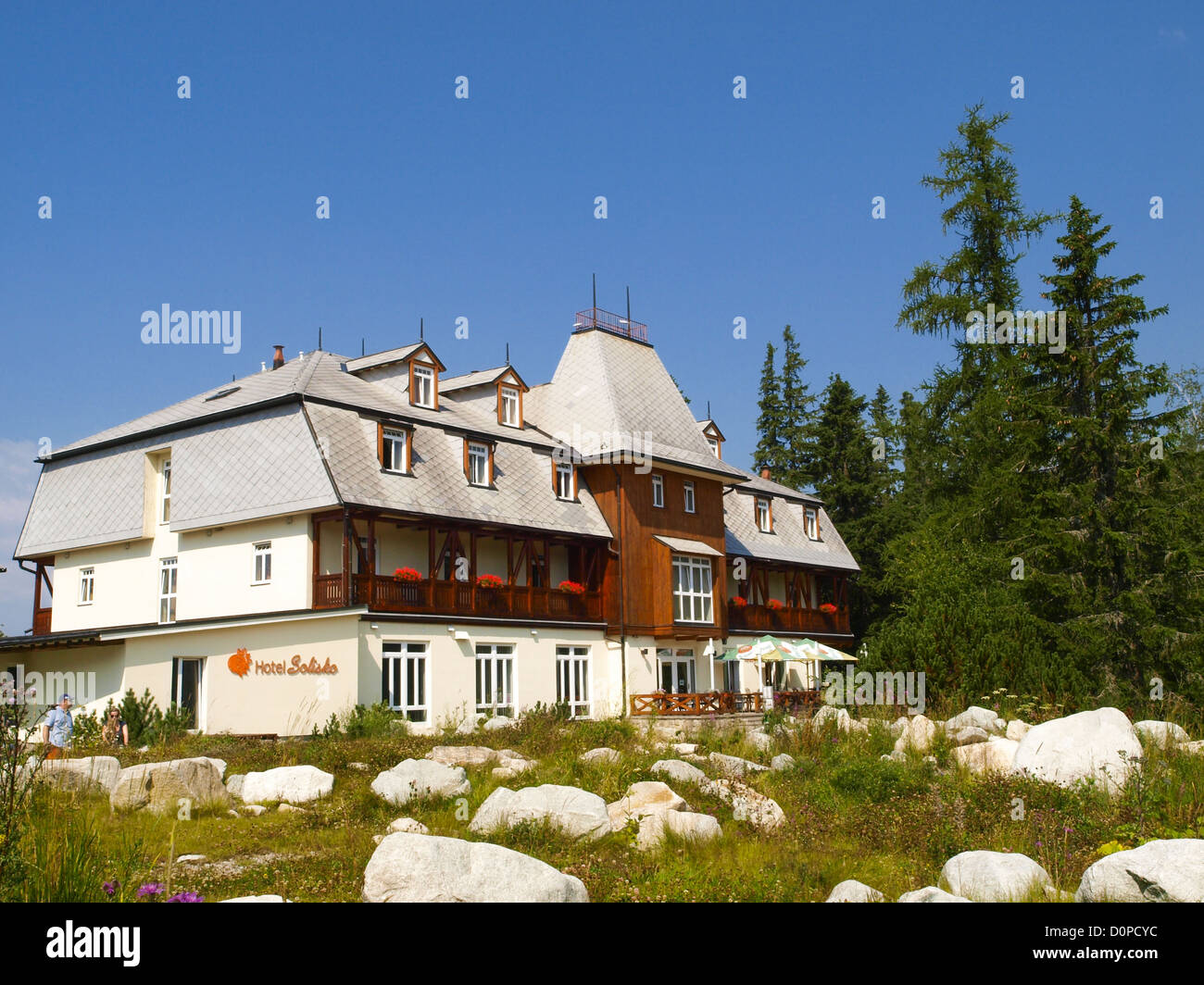 Il villaggio di Strbske Pleso, Hotel Solisko, Repubblica Slovacca, Hohe Tatra Foto Stock