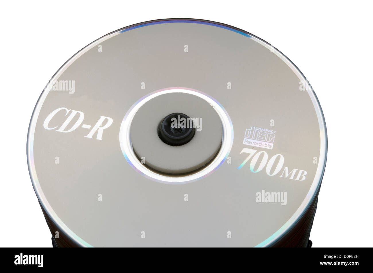 Pila di 700mb i dischi CD-R contro uno sfondo rosso Foto Stock