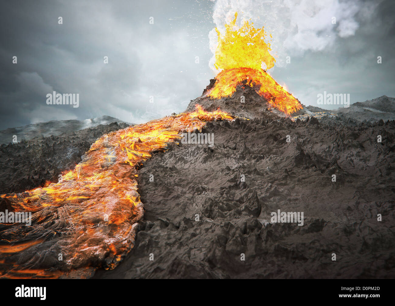 Vulcano, eruzione di lava red hot, fumo, CGI Foto Stock