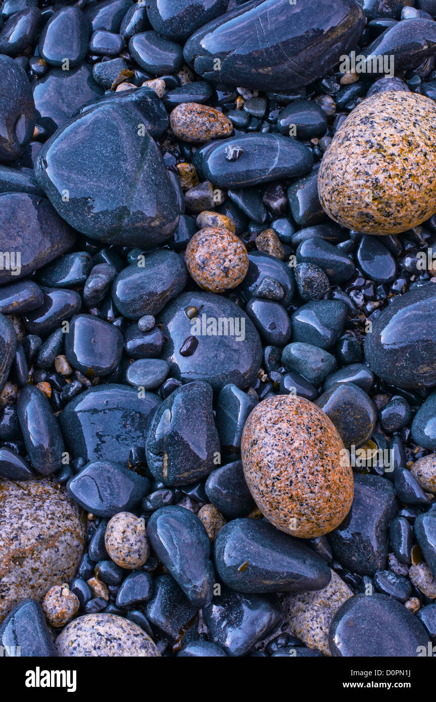 Wet, mare pietre levigate sulla riva della spiaggia Nanven, Cot Valley, Cornwall Foto Stock