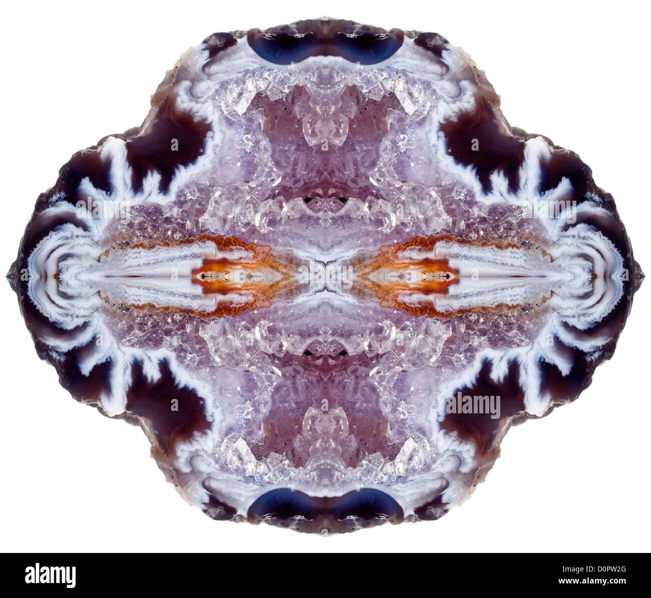 Geode, affettato aperto a rivelare i cristalli e bande di agata - ripetute per formare schema simmetrico Foto Stock