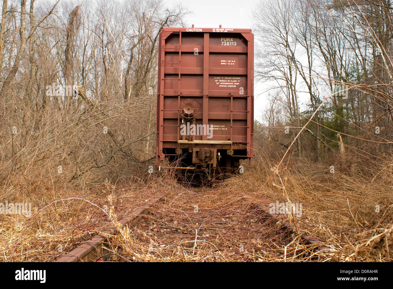 Una carrozza del treno si siede su un poco utilizzato railroad schierandosi in Massachusetts. Foto Stock
