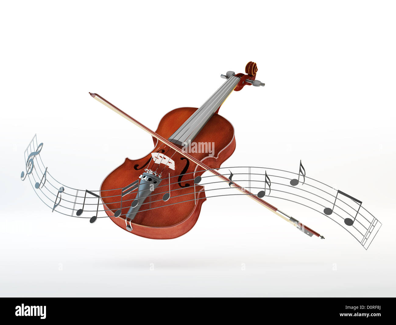 Note volare intorno al violino con un inchino Foto Stock