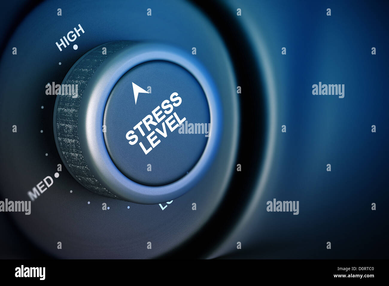Livello di stress con pulsante di bassa, media e alta Parola, nero e sfondo blu Foto Stock