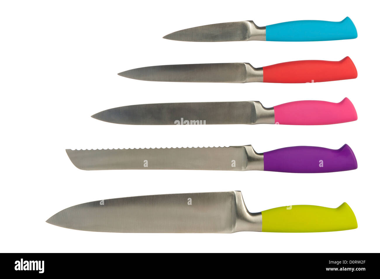 Serie di 5 coltelli per cucina isolata su uno sfondo bianco Foto Stock