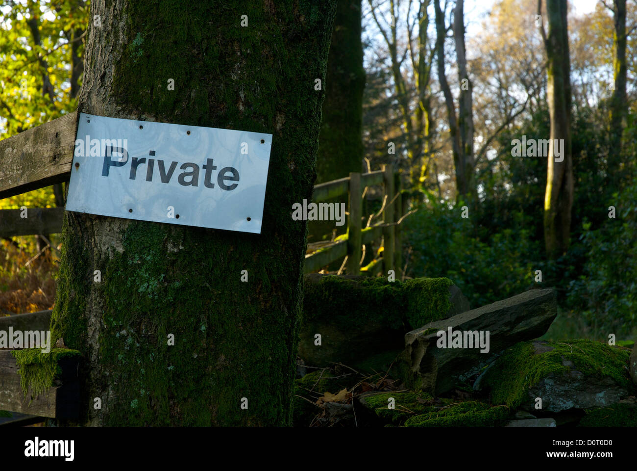 'Privato' firmare nel bosco, Cumbria, England, Regno Unito Foto Stock
