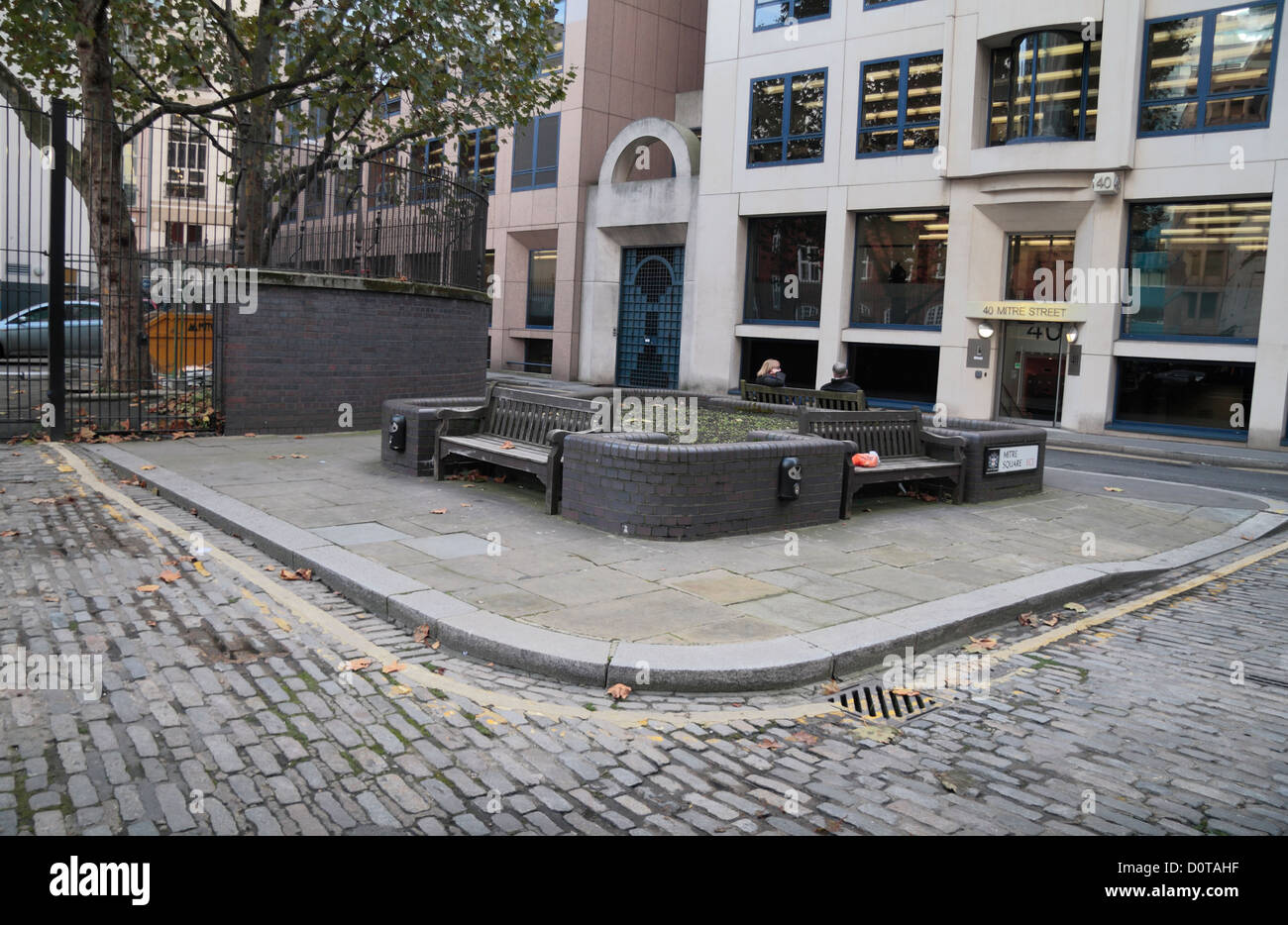 Mitre Square, il luogo del delitto di Catherine Eddowes, Jack lo Squartatore della quarta vittima, Whitechapel, East London, Regno Unito. (Vedere note) Foto Stock